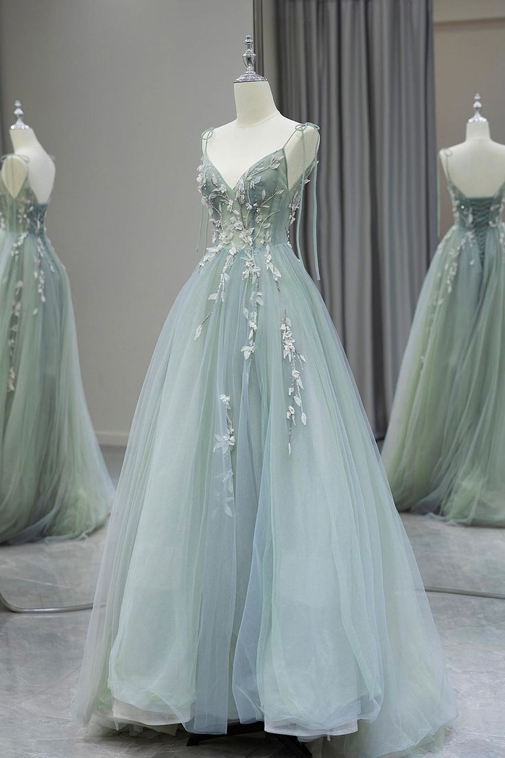 Pretty A Line Spaghetti Straps Tulle Applique Long Prom Dress,Evening Dress GG1640