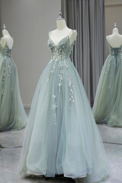 Pretty A Line Spaghetti Straps Tulle Applique Long Prom Dress,Evening Dress GG1640