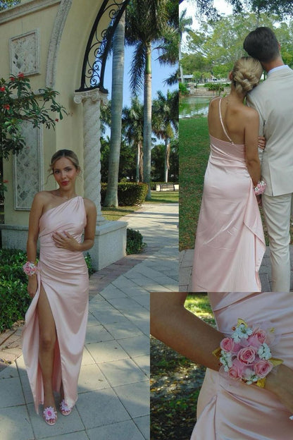Elegant Mermaid One Shoulder Satin Pleated Slit Long Prom Dress,Evening Dress GG1642
