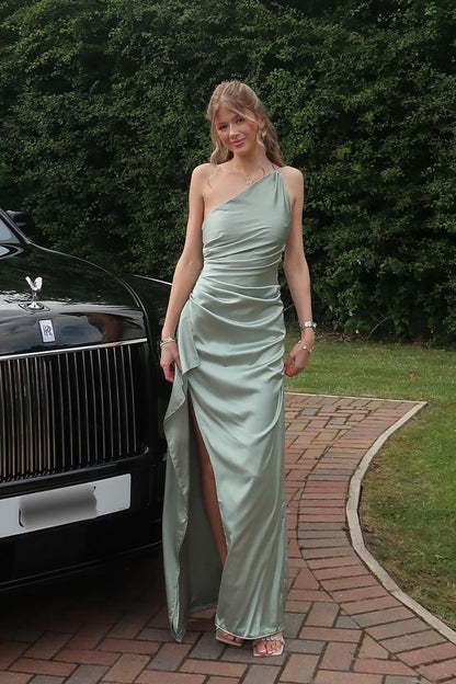 Elegant Mermaid One Shoulder Satin Pleated Slit Long Prom Dress,Evening Dress GG1642