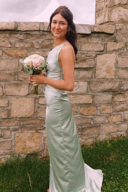 Elegant Mermaid One Shoulder Satin Pleated Slit Long Prom Dress,Evening Dress GG1642