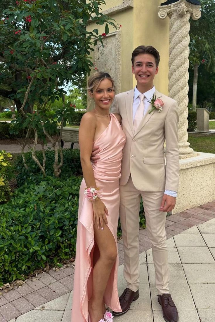 Elegant Mermaid One Shoulder Satin Pleated Slit Long Prom Dress,Evening Dress GG1642