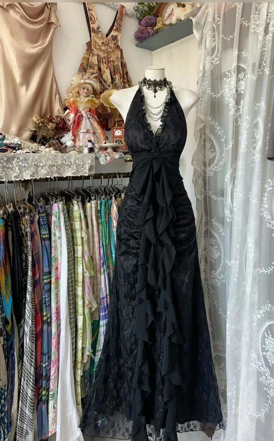 Charming A Line Halter Black Lace Ruffles Pleated Long Prom Dress,Evening Dress GG1645