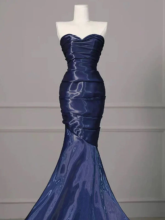 Elegant Mermaid Strapless Navy Blue Silk Satin Pleated Long Prom Dress,Evening Dress GG1650