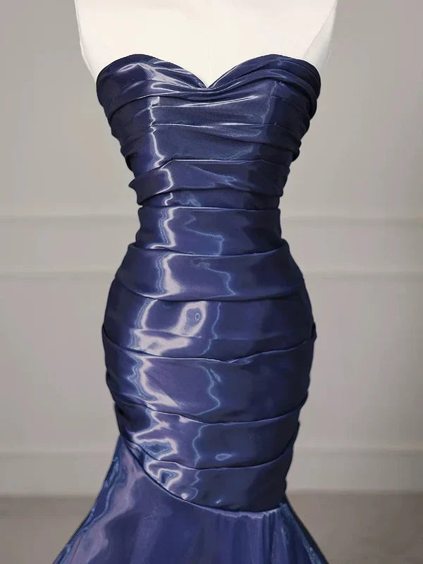 Elegant Mermaid Strapless Navy Blue Silk Satin Pleated Long Prom Dress,Evening Dress GG1650