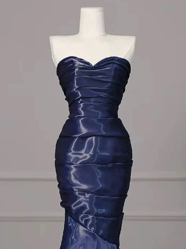 Elegant Mermaid Strapless Navy Blue Silk Satin Pleated Long Prom Dress,Evening Dress GG1650