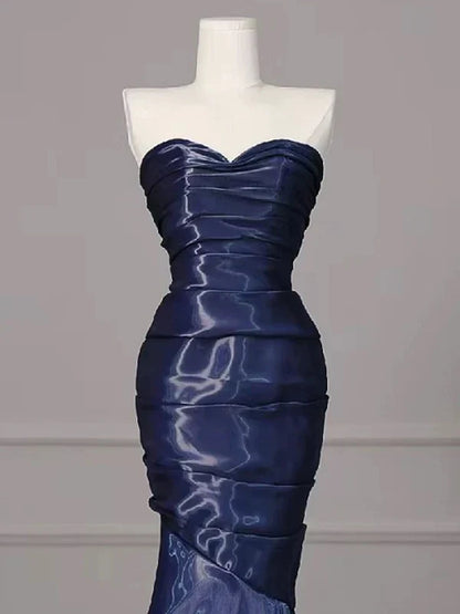 Elegant Mermaid Strapless Navy Blue Silk Satin Pleated Long Prom Dress,Evening Dress GG1650