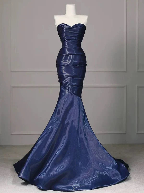 Elegant Mermaid Strapless Navy Blue Silk Satin Pleated Long Prom Dress,Evening Dress GG1650
