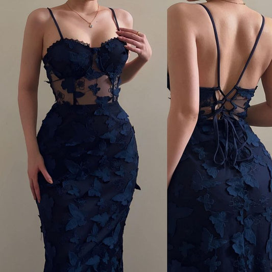Sexy Mermaid Spaghetti Straps Navy Lace Tulle Applique Long Prom Dress,Evening Dress GG1653