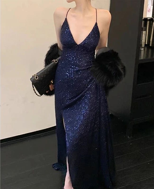 Sexy Mermaid Halter Straps V Neck Navy Satin Sequin Slit Long Prom Dress,Evening Dress GG1665