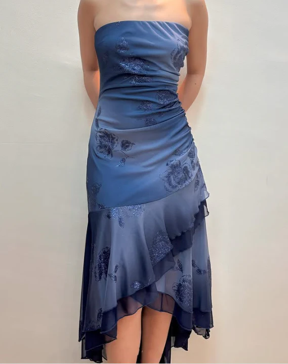 Charming A Line Strapless Navy Chiffon Flower Applique Long Prom Dress,Evening Dress GG1664