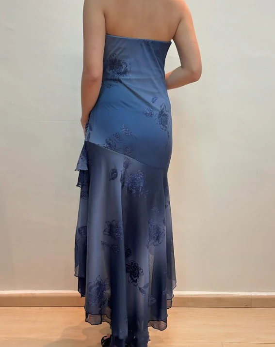 Charming A Line Strapless Navy Chiffon Flower Applique Long Prom Dress,Evening Dress GG1664