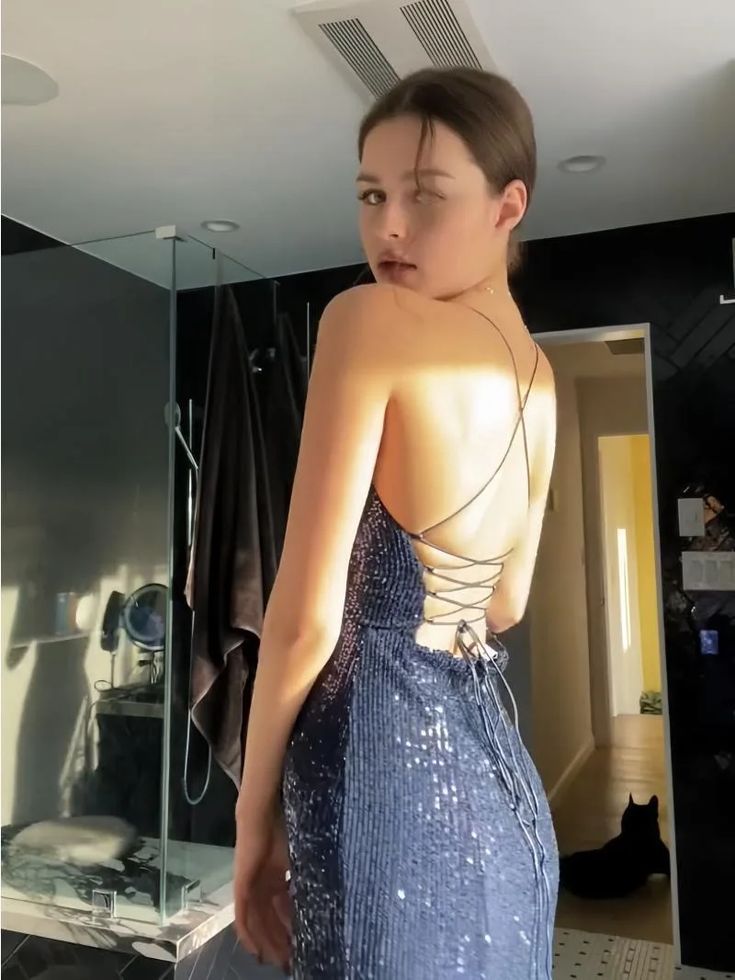 Sexy Mermaid Halter Straps V Neck Navy Satin Sequin Slit Long Prom Dress,Evening Dress GG1665