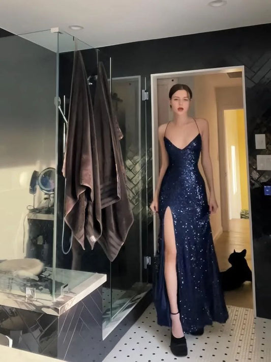 Sexy Mermaid Halter Straps V Neck Navy Satin Sequin Slit Long Prom Dress,Evening Dress GG1665