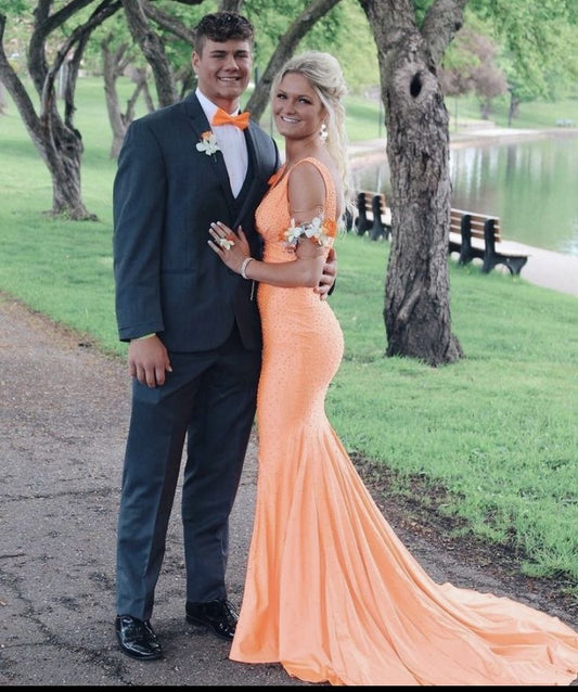 Glamorous Mermaid V Neck Pastel Orange Satin Beaded Long Prom Dress,Evening Dress GG1679