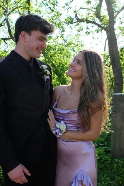 Elegant Mermaid Spaghetti Straps Lilac Satin Pleated Ruffles Slit Long Prom Dress,Evening Dress GG1681