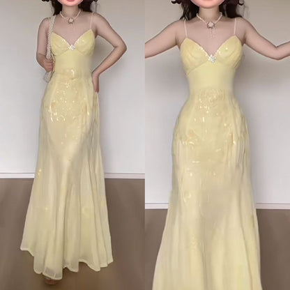 Elegant Mermaid Spaghetti Straps Pastel Yellow Chiffon Long Prom Dress,Evening Dress GG1685