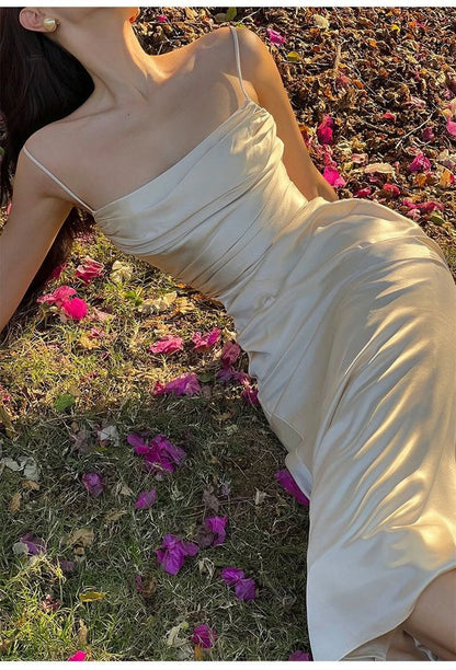 Elegant Mermaid Spaghetti Straps Ivory Satin Pleated Long  Prom Dress,Evening Dress GG1689