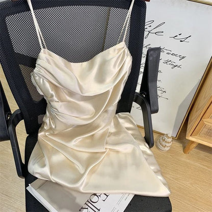 Elegant Mermaid Spaghetti Straps Ivory Satin Pleated Long  Prom Dress,Evening Dress GG1689