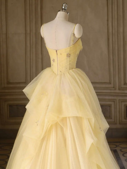 Elegant A Line Spaghetti Straps Layered Yellow Long Prom Dresses, Yellow Tulle Formal Evening Dresses GG168