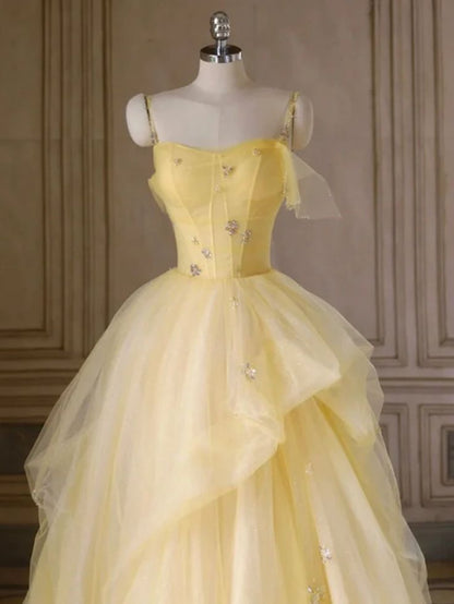 Elegant A Line Spaghetti Straps Layered Yellow Long Prom Dresses, Yellow Tulle Formal Evening Dresses GG168