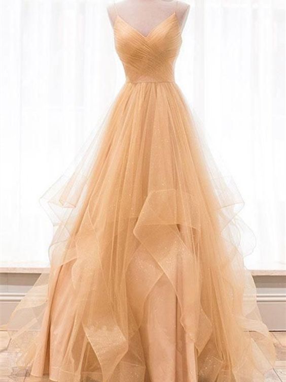 Elegant A Line V Neck Pastel Orange Tulle Long Prom Dresses,  Long Formal Evening Graduation Dresses GG169