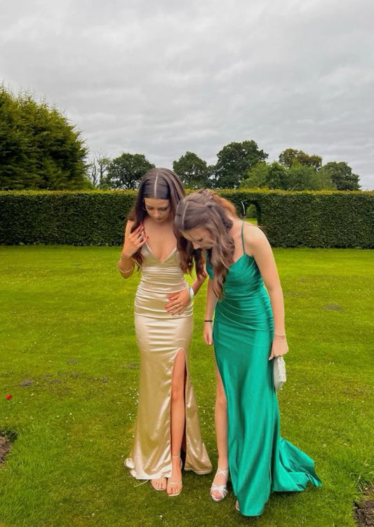 Elegant Mermaid Spaghetti Straps Satin Pleated Slit Long  Prom Dress,Evening Dress GG1695