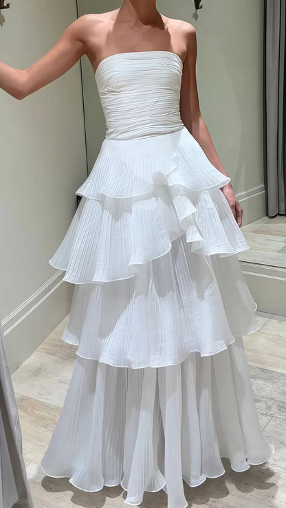 Pretty A Line Strapless White Chiffon Tiered Long  Prom Dress,Evening Dress GG1697