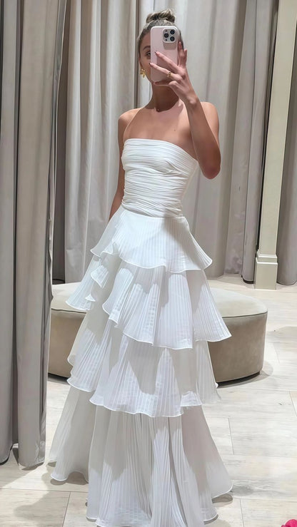 Pretty A Line Strapless White Chiffon Tiered Long  Prom Dress,Evening Dress GG1697