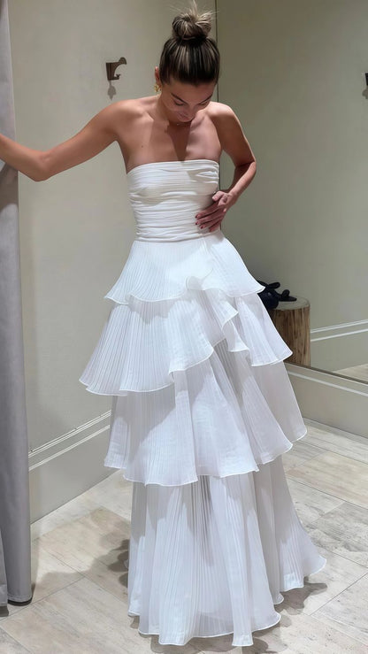 Pretty A Line Strapless White Chiffon Tiered Long  Prom Dress,Evening Dress GG1697