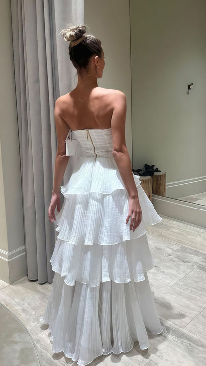 Pretty A Line Strapless White Chiffon Tiered Long  Prom Dress,Evening Dress GG1697