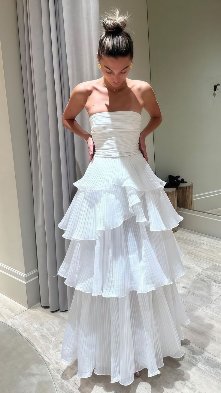 Pretty A Line Strapless White Chiffon Tiered Long  Prom Dress,Evening Dress GG1697