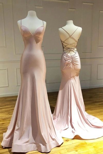 Simple Mermaid Spaghetti Straps Blush Pink Satin Long Prom Dress,Evening Dress GG1700