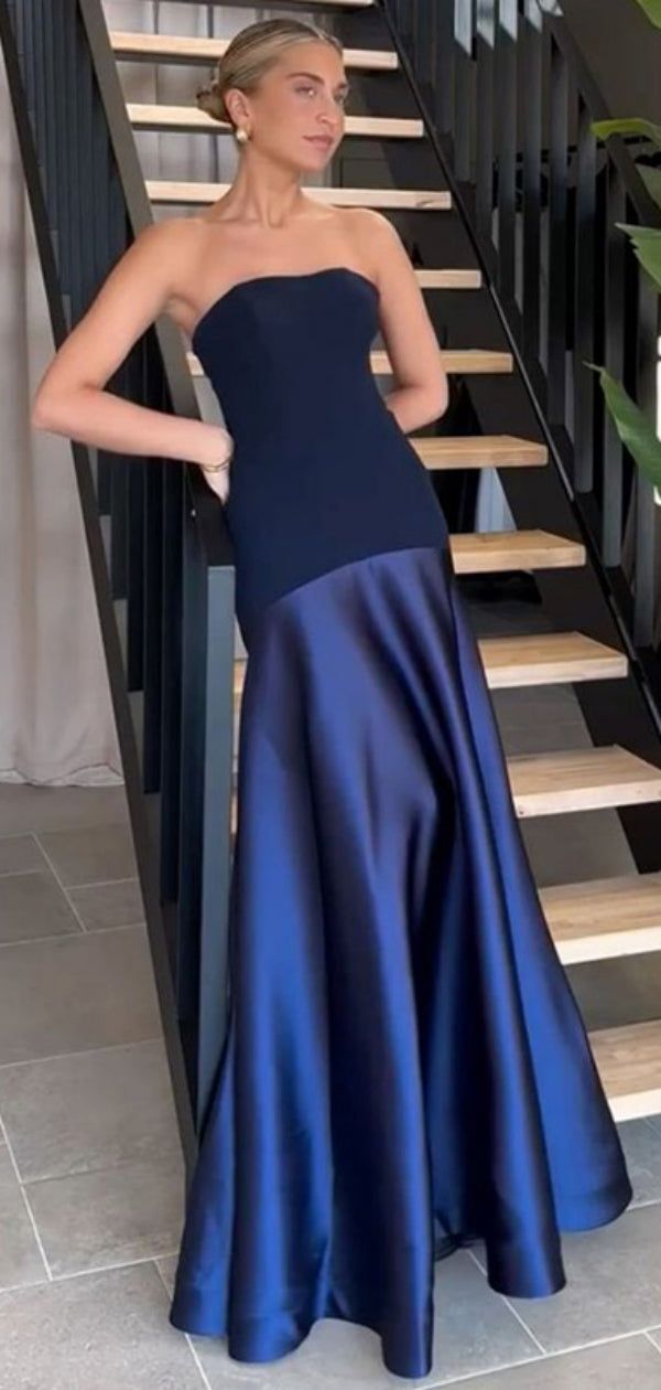 Simple A Line Strapless Navy Satin Long Prom Dress,Evening Dress GG1701