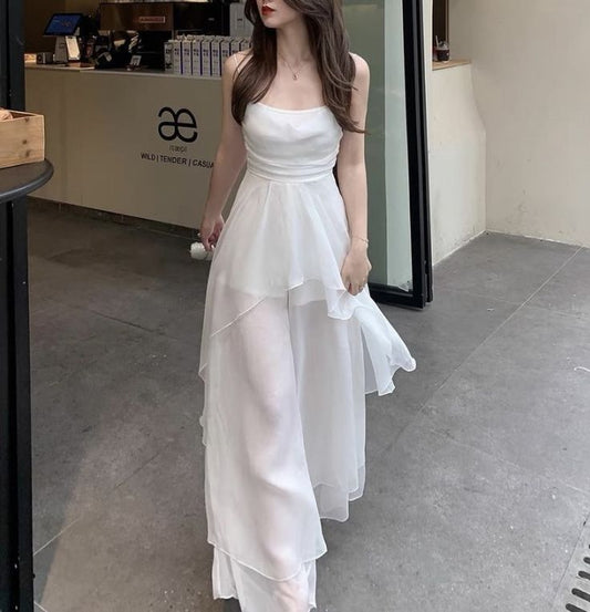 Elegant A Line Spaghetti Straps White Chiffon Long Prom Dress,Evening Dress GG1704