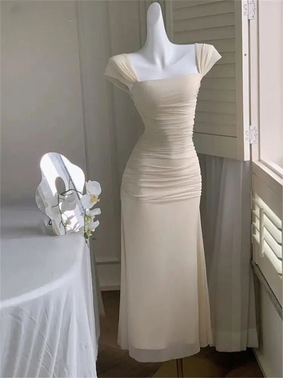 Elegant Mermaid Square Ivory Chiffon Pleated Long Prom Dress,Evening Dress GG1708