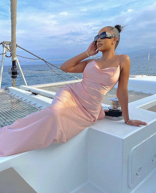 Sexy Mermaid Spaghetti Straps Pink Satin Pleated Long Prom Dress,Evening Dress GG1711