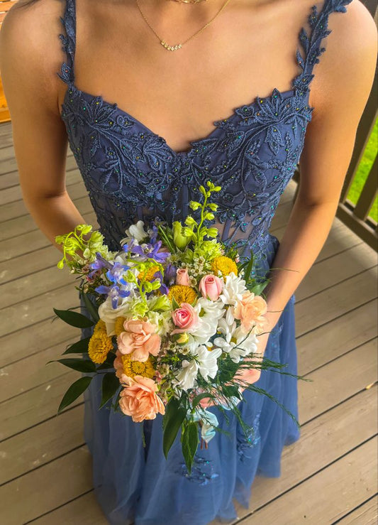 Elegant A Line Spaghetti Straps Tulle Applique Beaded With Pocket Long Prom Dress,Evening Dress GG1714