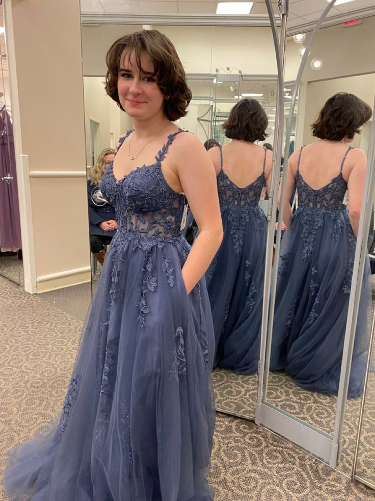 Elegant A Line Spaghetti Straps Tulle Applique Beaded With Pocket Long Prom Dress,Evening Dress GG1714