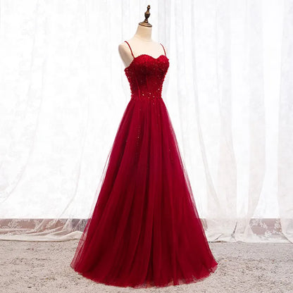 Shiny A Line Spaghetti Straps Red Tulle Sequin Beaded  Long Prom Dress,Evening Dress GG1715