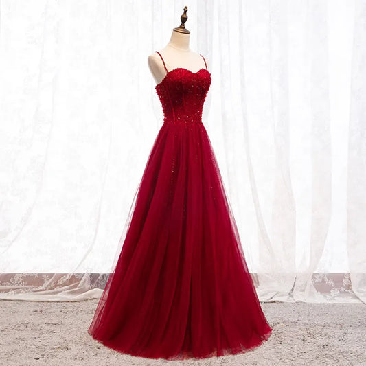 Shiny A Line Spaghetti Straps Red Tulle Sequin Beaded  Long Prom Dress,Evening Dress GG1715