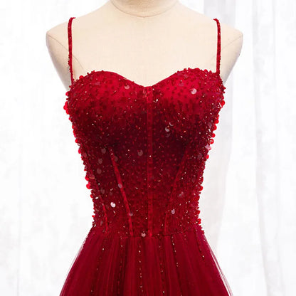 Shiny A Line Spaghetti Straps Red Tulle Sequin Beaded  Long Prom Dress,Evening Dress GG1715