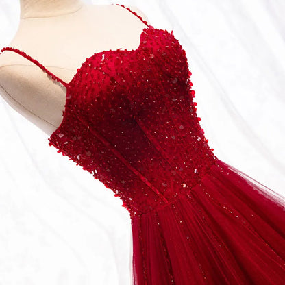 Shiny A Line Spaghetti Straps Red Tulle Sequin Beaded  Long Prom Dress,Evening Dress GG1715