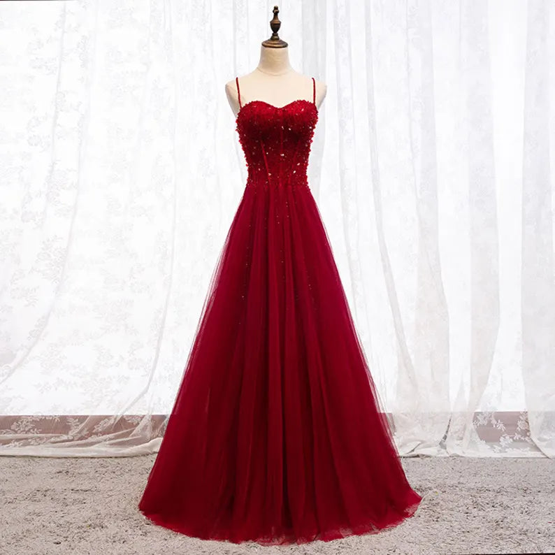 Shiny A Line Spaghetti Straps Red Tulle Sequin Beaded  Long Prom Dress,Evening Dress GG1715