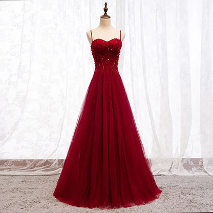 Shiny A Line Spaghetti Straps Red Tulle Sequin Beaded  Long Prom Dress,Evening Dress GG1715