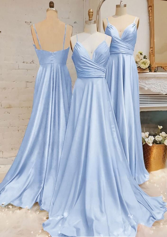 Simple A Line Spaghetti Straps V Neck Satin Long Prom Dress,Bridesmaid Dress,Evening Dress GG1716