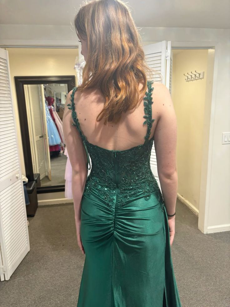 Chic Mermaid Spaghetti Straps Dark Green Satin Applique Slit Long Prom Dress,Evening Dress GG1722