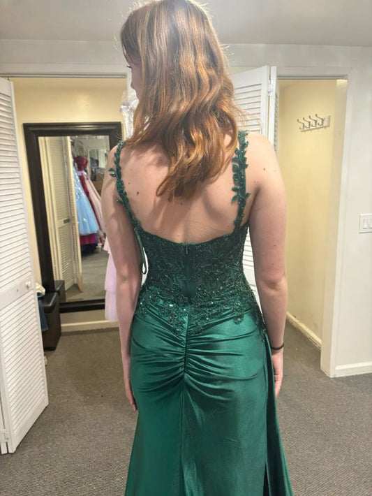 Chic Mermaid Spaghetti Straps Dark Green Satin Applique Slit Long Prom Dress,Evening Dress GG1722