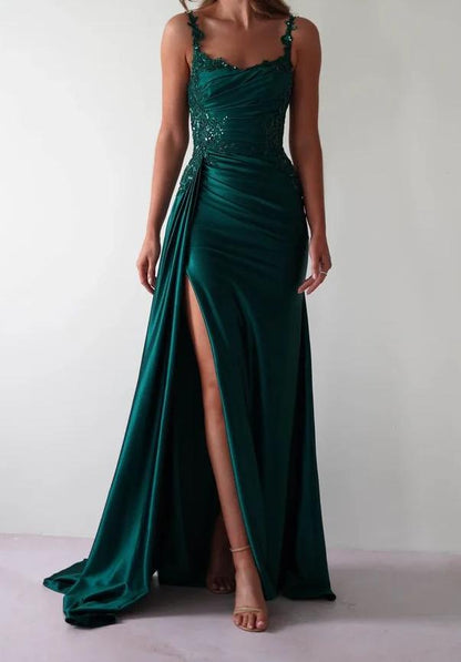 Chic Mermaid Spaghetti Straps Dark Green Satin Applique Slit Long Prom Dress,Evening Dress GG1722