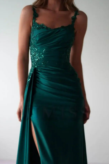 Chic Mermaid Spaghetti Straps Dark Green Satin Applique Slit Long Prom Dress,Evening Dress GG1722